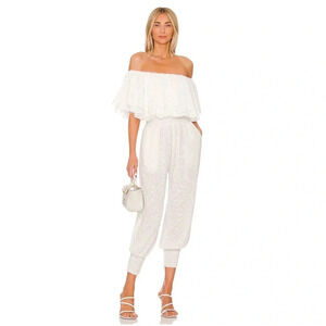 MISA Bita White Clip Dot Ruffle off Shoulder Harem Jumpsuit White Size S NWT